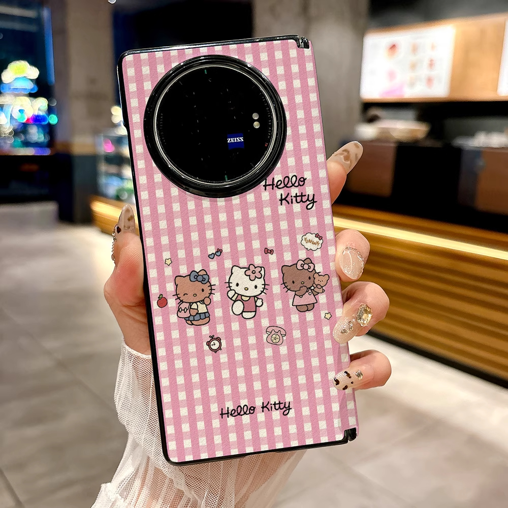 粉白格子凯蒂猫适用vivo xfold5手机壳折叠屏xfold3pro卡通kitty可爱创意壳膜一体全包中轴防摔保护套皮纹