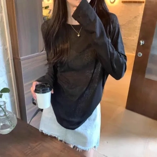 黄色春夏上衣微透T恤薄款 长袖 慵懒风防晒女套头宽松圆领简约罩衫