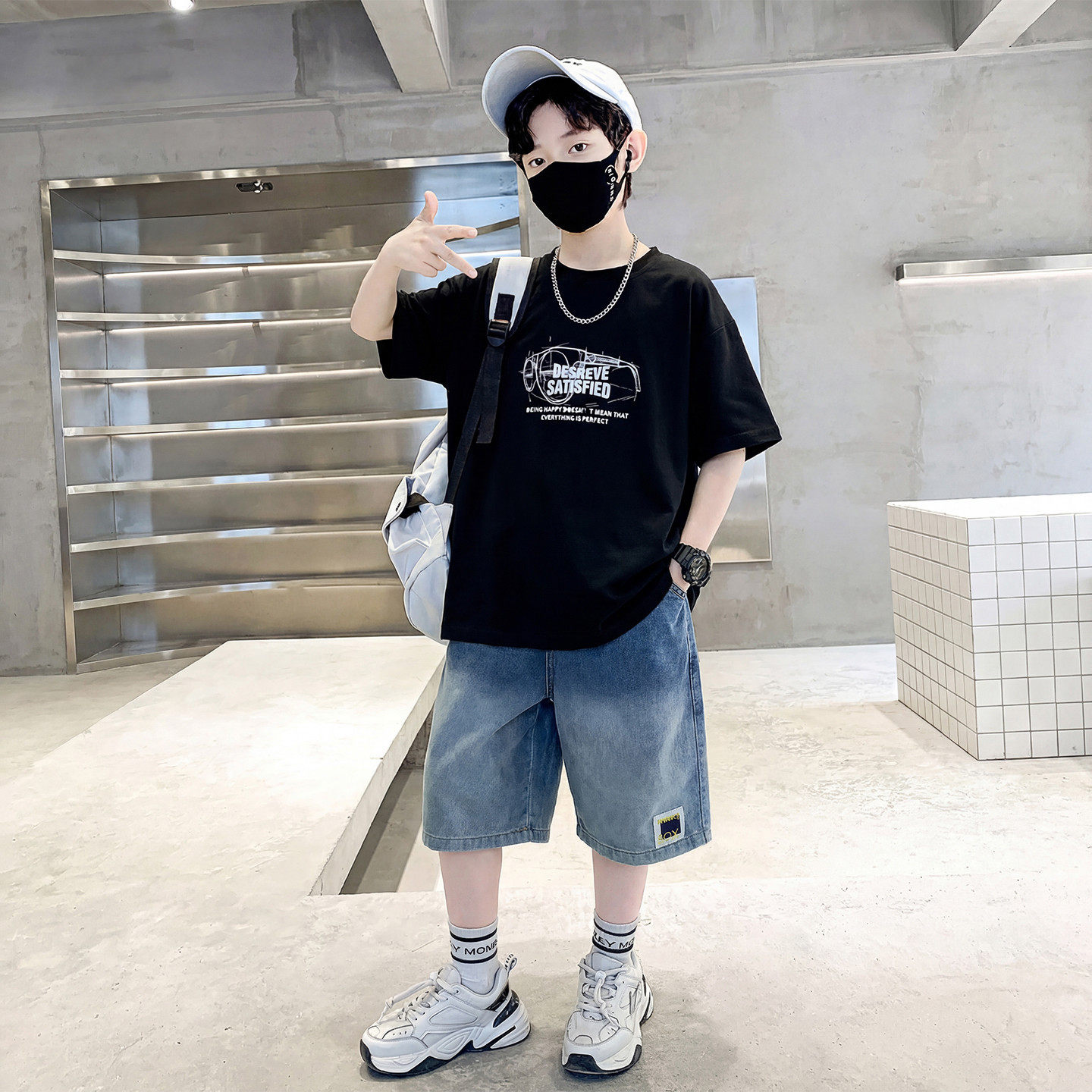 男童夏装牛仔套装2026新款男孩潮儿童夏季短袖T恤牛仔短裤两件套