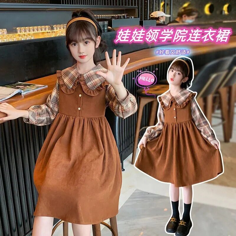 女童春装连衣裙学院风新款洋气春秋中大童儿童假两件长袖格子长裙