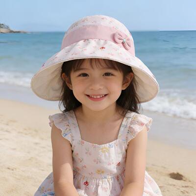 儿童防晒帽女宝宝夏季蝴蝶结空顶遮阳帽大帽檐可折叠户外防紫外线