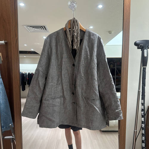 极简亚麻V领宽松通勤西装外套