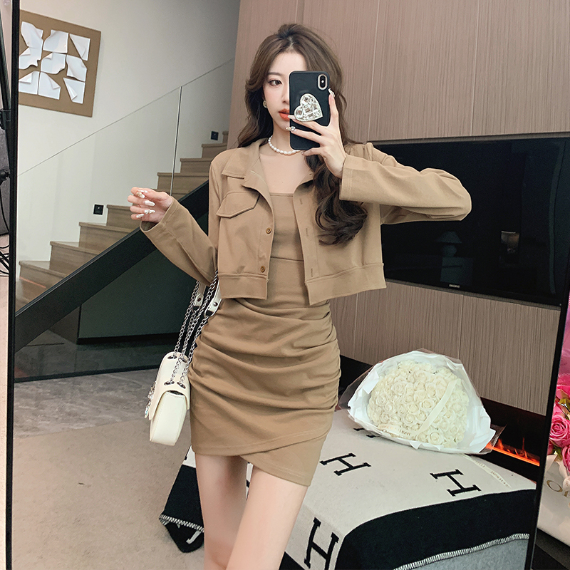 实拍秋季甜辣妹美拉德穿搭显瘦套装新款吊带连衣裙修身两件套3916