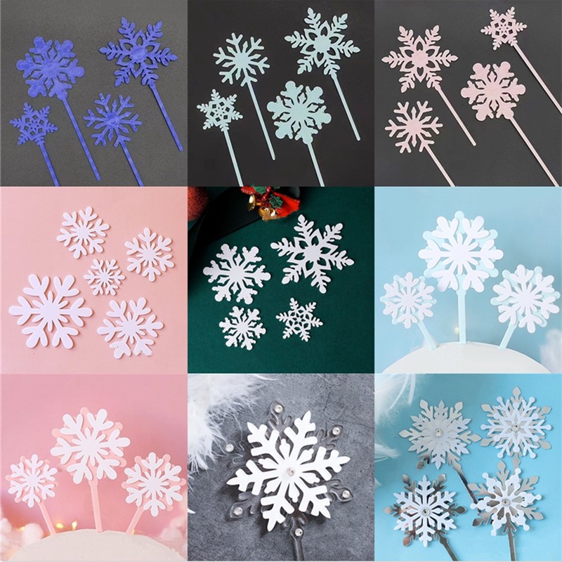 双层雪花圣诞节雪花亚克力装饰蛋糕装饰插牌冰雪装饰蓝白镶钻雪片