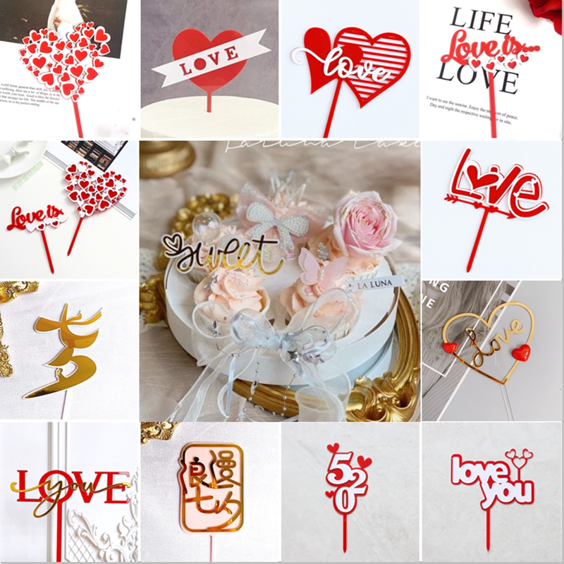 我爱你情人节亚克力520爱情七夕节带钻珍珠蝴蝶结双爱心love情侣