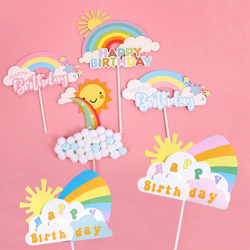 大彩虹白云可爱太阳卡通云朵彩虹生日快乐happy birthday多层毛球