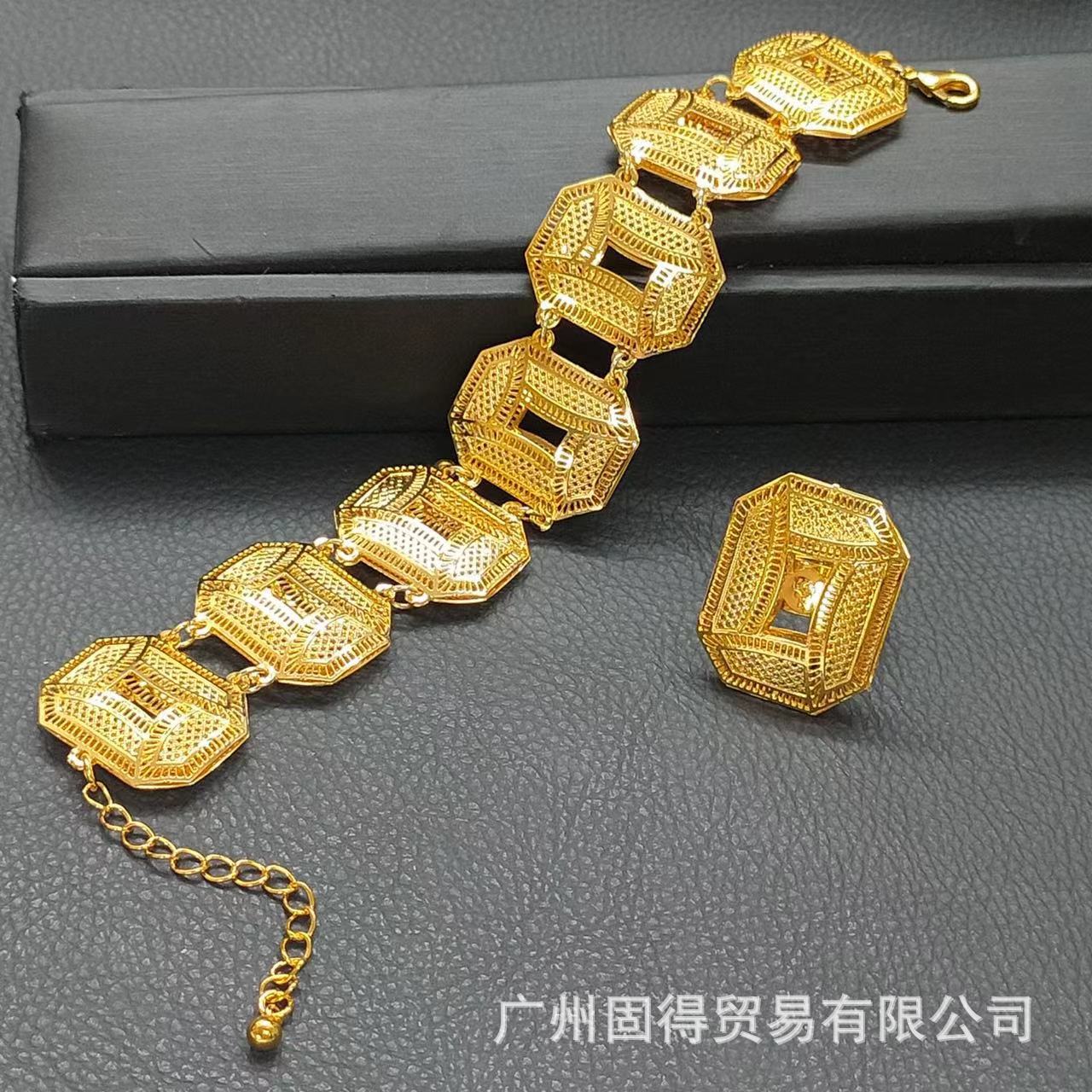 现货现发金属镂空雕花手链戒指首饰套装24k金欧美日韩时尚两件套