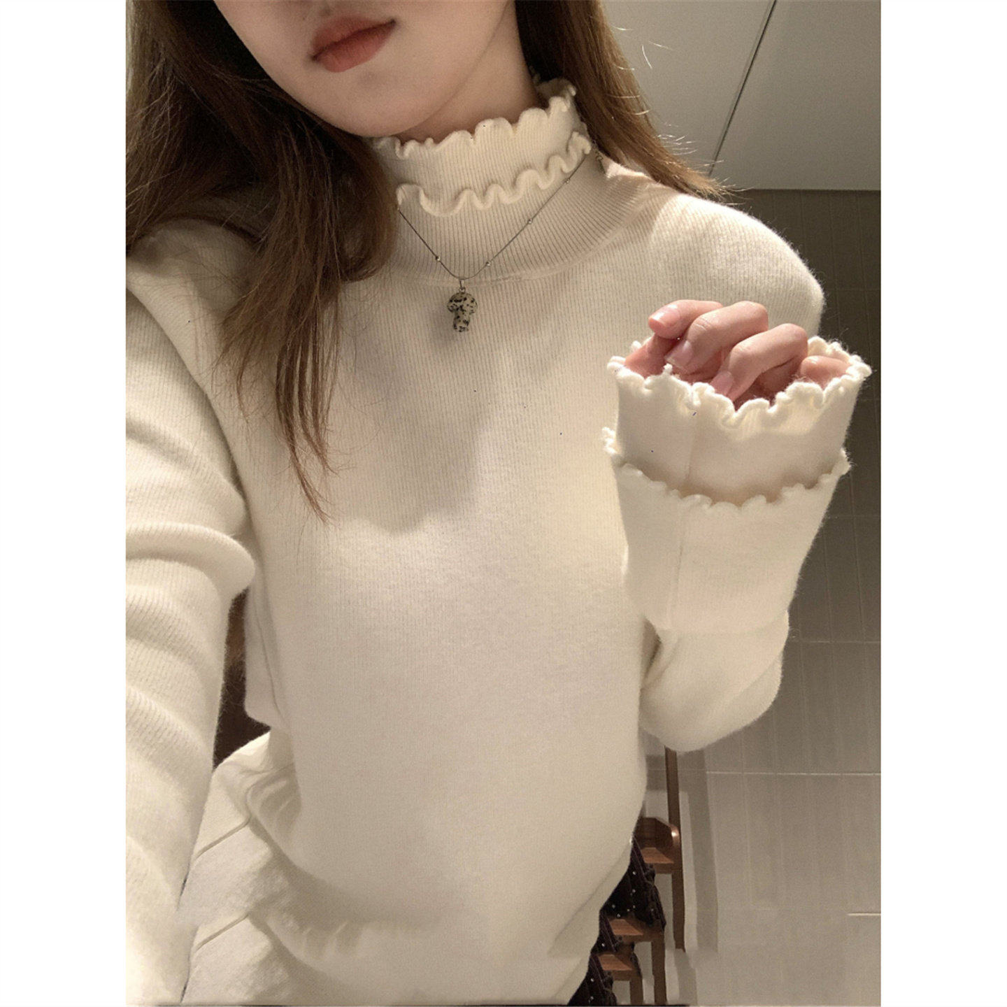 木耳边半高领长袖针织衫女秋冬内搭打底毛衣设计感超好看绝美上衣,女装/女士精品,毛针织衫,淘宝优惠券,粉丝福利购,淘宝优惠卷
