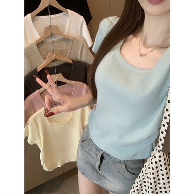 纯欲蓝色冰丝上衣女薄款夏季设计感小个子短款修身针织衫短袖t恤