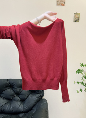 斜肩红色毛衣女打底衫春秋冬新款纯欲风辣妹一字肩长袖针织衫上衣