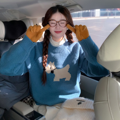 蓝色圆领卡通小狗毛衣女秋冬加厚宽松慵懒风高级感长袖针织衫上衣