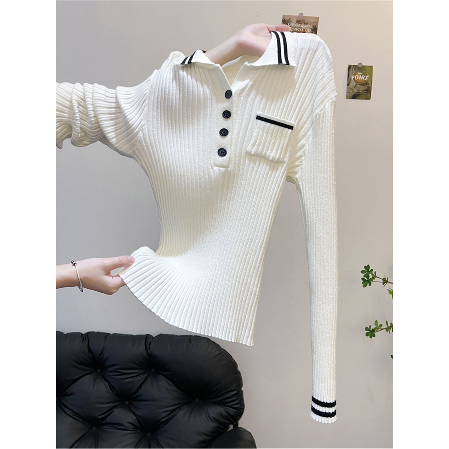 秋冬内搭可外穿高级感Polo领长袖打底针织衫上衣小个子短款毛衣女
