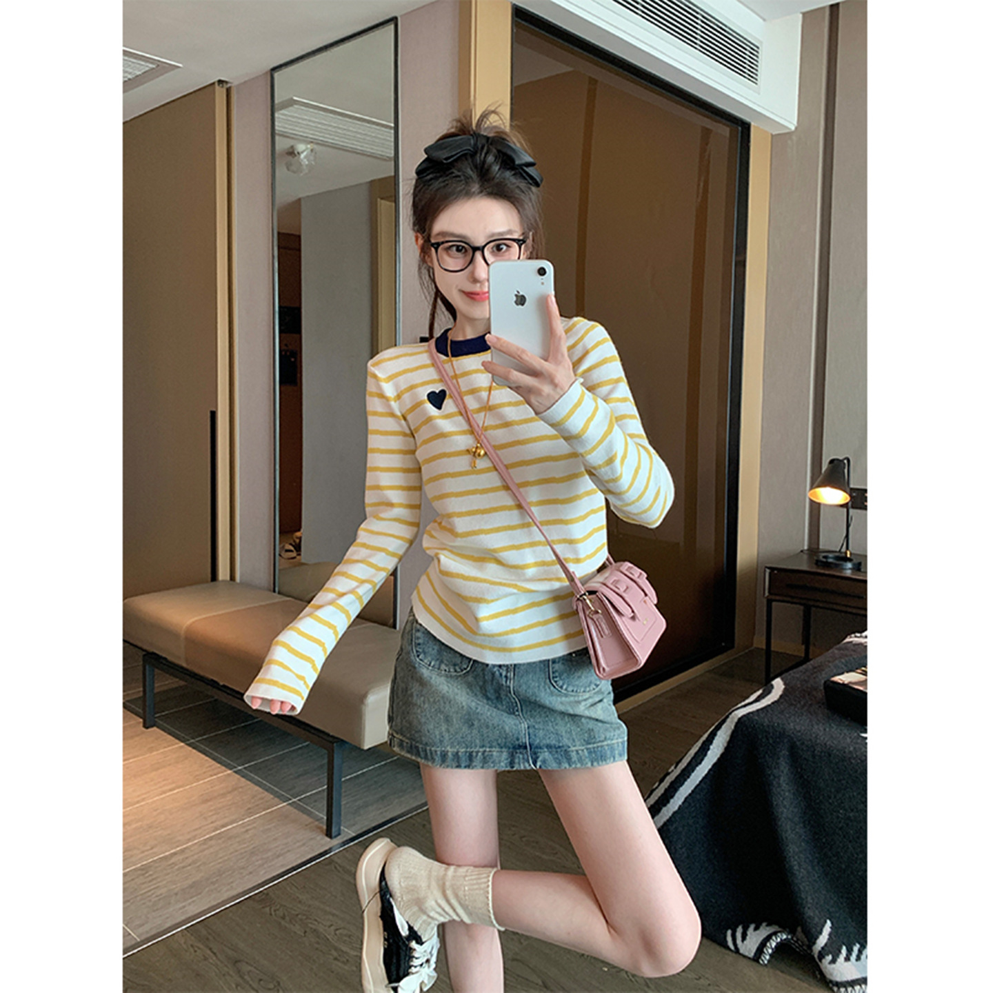 条纹爱心长袖毛衣女2025新款春秋冬小个子短款修身打底针织衫上衣