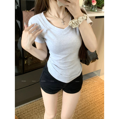 v领正肩t恤女短袖夏季修身短款小个子独特绝美特别漂亮的掐腰上衣