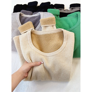 秋冬加厚加绒保暖长袖打底针织衫上衣高级感可外穿内搭圆领毛衣女