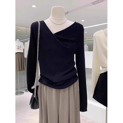 小个子不规则荡领针织衫上衣秋季修身超好看单穿毛衣打底衫女内搭