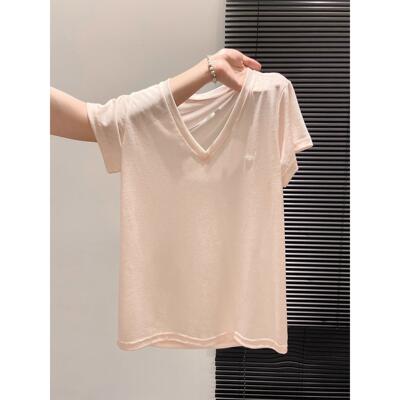 正肩v领天丝面膜短袖t恤女夏季高级感小众宽松显瘦百搭纯欲风上衣