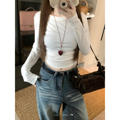 白色t恤女长袖早秋季韩系特别漂亮掐腰短款巨好看上衣内搭打底衫