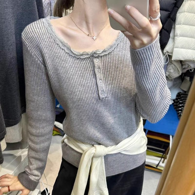 秋冬长袖打底针织衫上衣设计高级感蕾丝加厚一体绒保暖内搭毛衣女