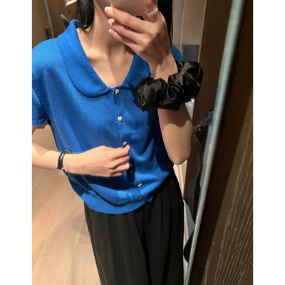 小个子蓝色短款针织冰丝娃娃领短袖t恤女夏季绝美漂亮正肩小上衣