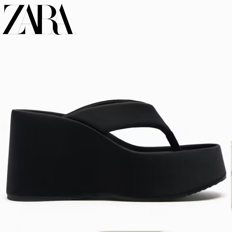 SWZADTM季新款 TRF 女鞋 黑色坡跟增高平底夹脚凉鞋330411