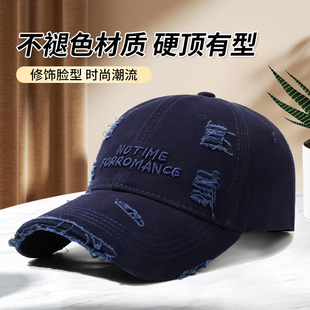 复古风破洞牛仔布棒球帽男女通用冬季百搭鸭舌帽显脸小硬顶做旧