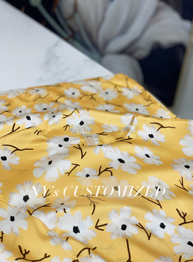 NY私人定制|黄色真丝印花连衣裙文艺名媛冷淡风赫本系短袖春夏裙