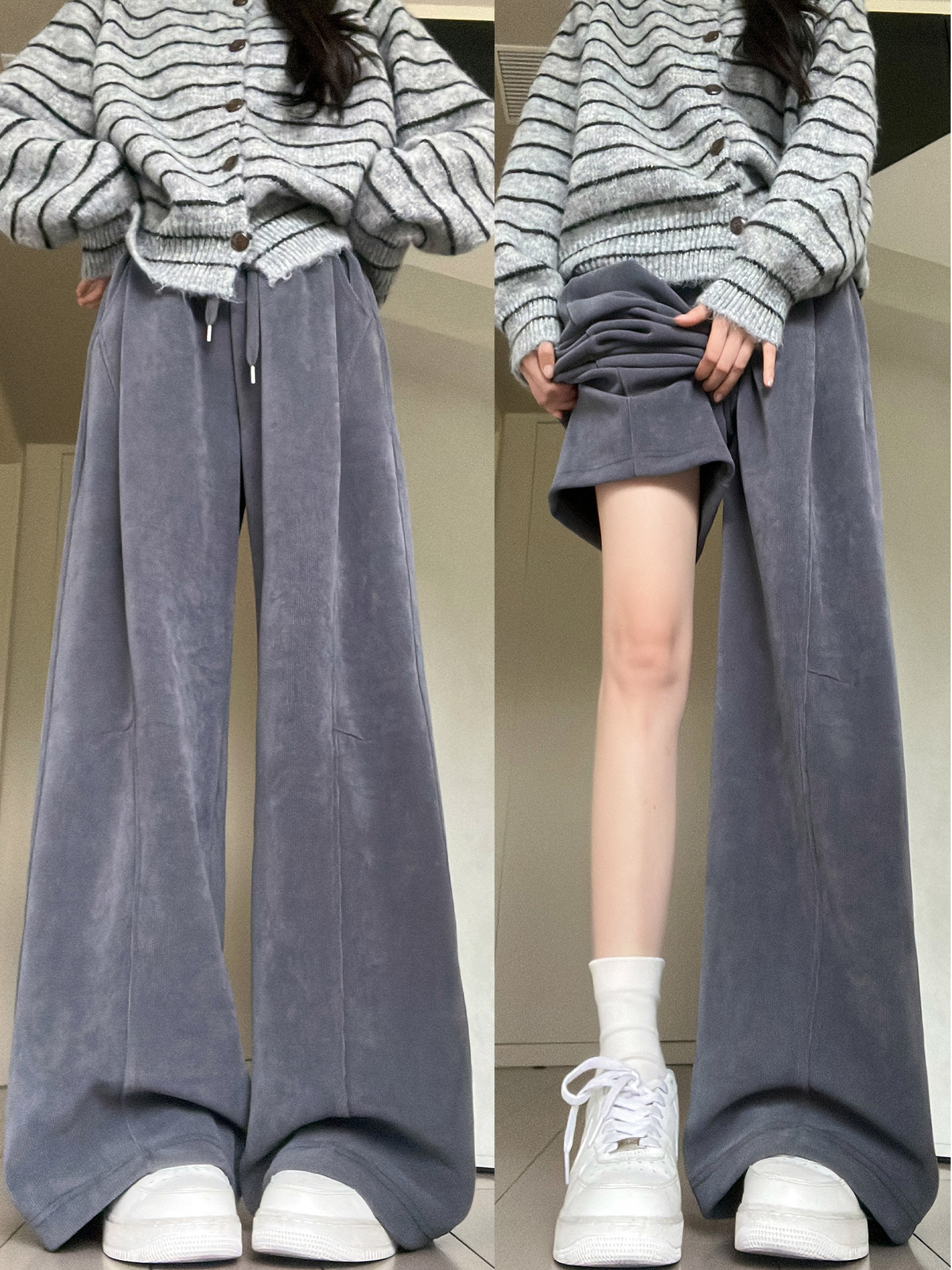灰色灯芯绒阔腿裤子女秋冬2025新款加绒小个子窄版直筒垂感西装裤
