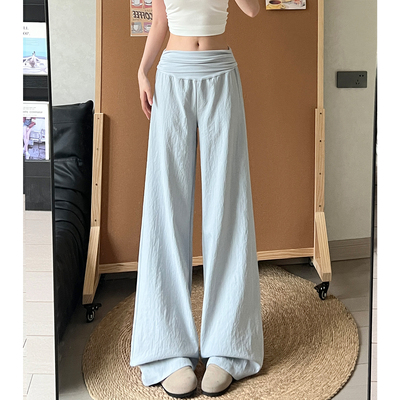 淡蓝色翻腰阔腿裤女夏2026新款小个子冰丝低腰宽松垂感慵懒休闲裤