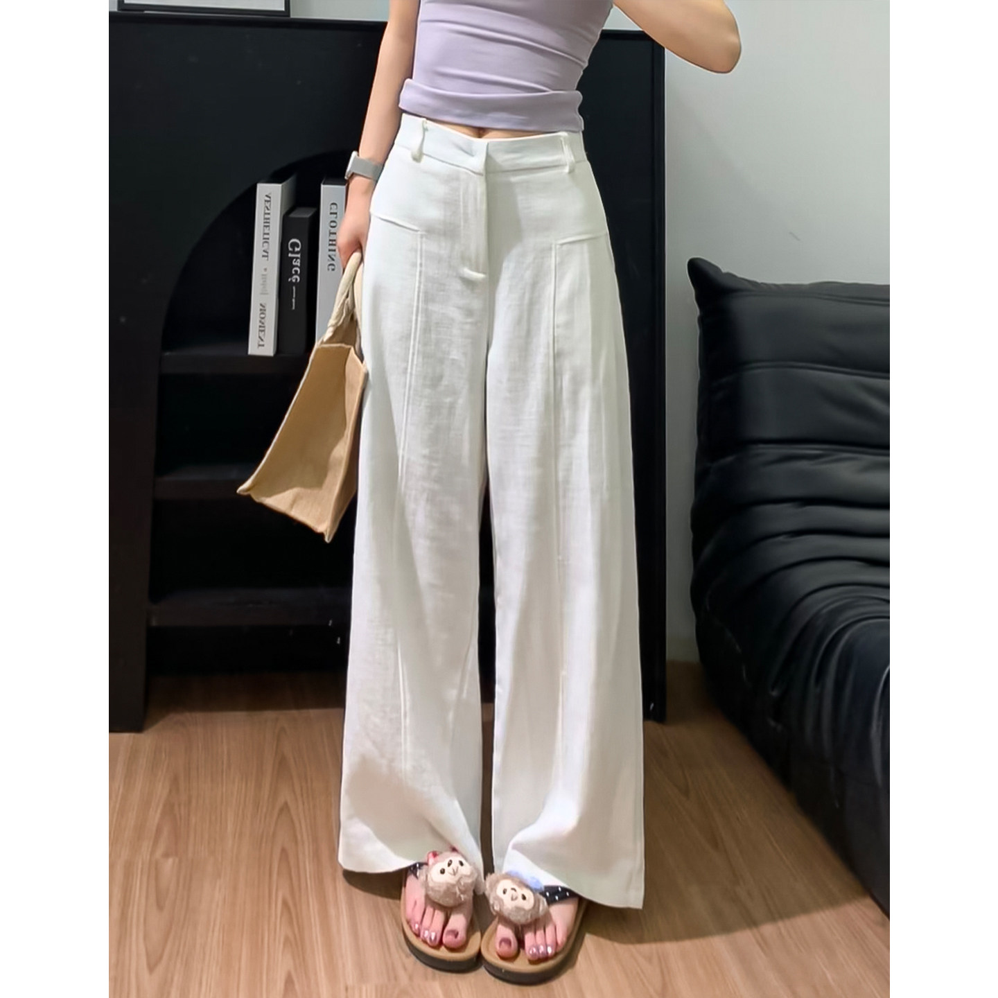 白色亚麻苎麻阔腿裤女夏季薄款高腰垂感老钱风直筒棉麻西装休闲裤