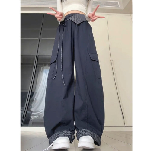 藏青色格子屁帘工装裤运动护腰女春季2026新款宽松高腰窄版弯刀裤