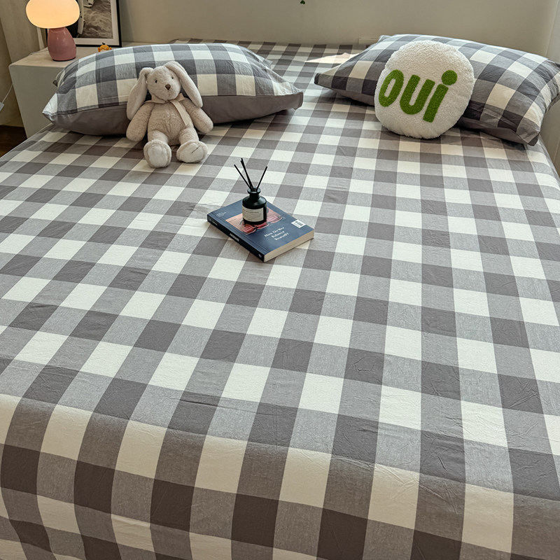 a类日式灰白格子床单单件100全棉纯棉水洗棉1.5m床被单枕套三件套