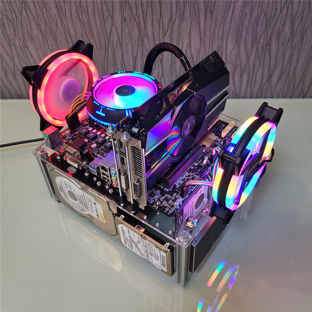 台式matx电脑机箱透明亚克力板玻璃全透atx简约开放式主板托架