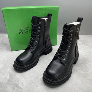 秋冬加绒厚底增高时装 舒适新款 黑色粗跟短靴37 处理马丁靴女款 断码