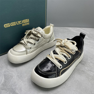 撤柜断码处理2025秋冬款加薄绒女鞋厚底拼色系带板鞋35-37码小码