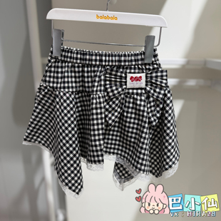 巴拉巴拉女童格子半身裙2026夏季新绑带蝴蝶结短裙201226112002