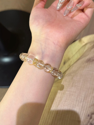 天然黑金超奶白水晶大颗粒珠子水晶手链ins小众高级感水晶手串