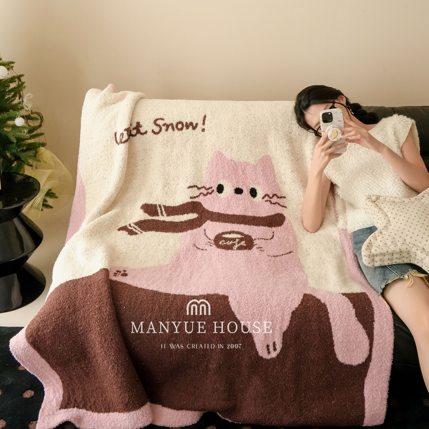 M.life 卡通小猫半边绒毛毯秋冬加厚午睡盖毯可爱居家休闲针织毯