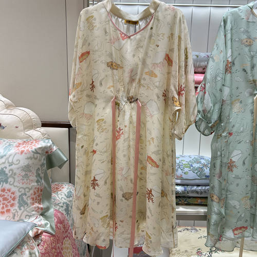 皇锦真丝睡衣女春夏雪纺七分袖系带睡裙-海错图HJ21532