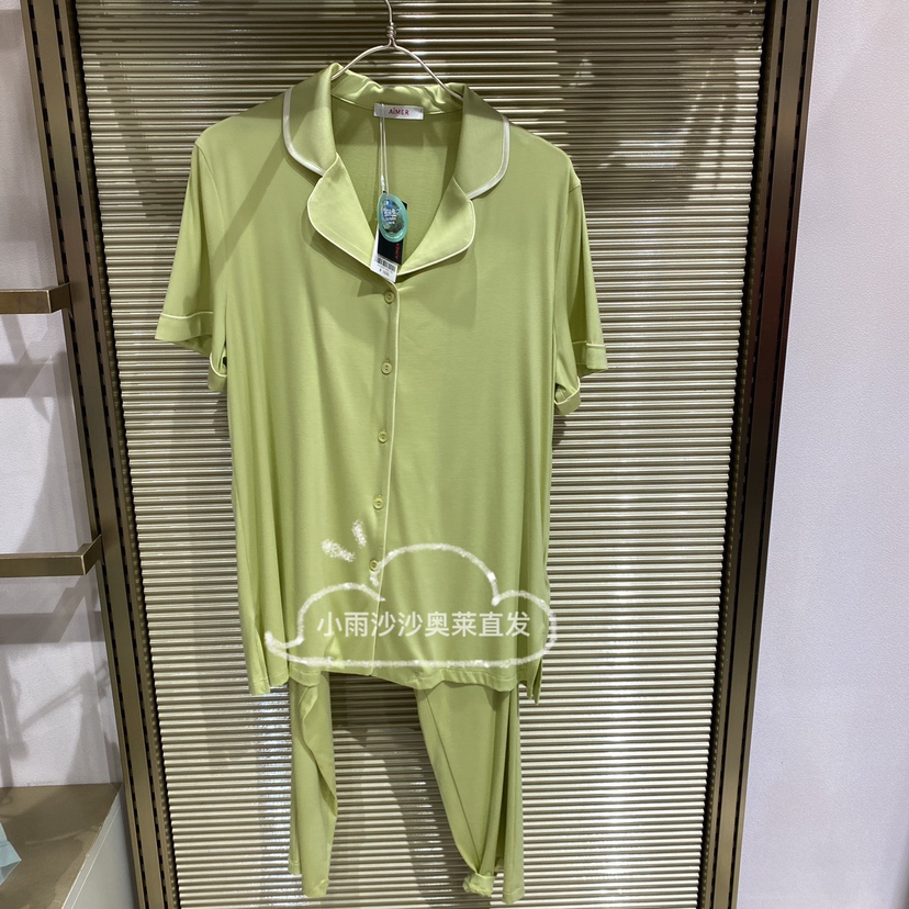 AM468561爱慕睡衣女翻领短袖开衫九分裤可外穿家居套装1699