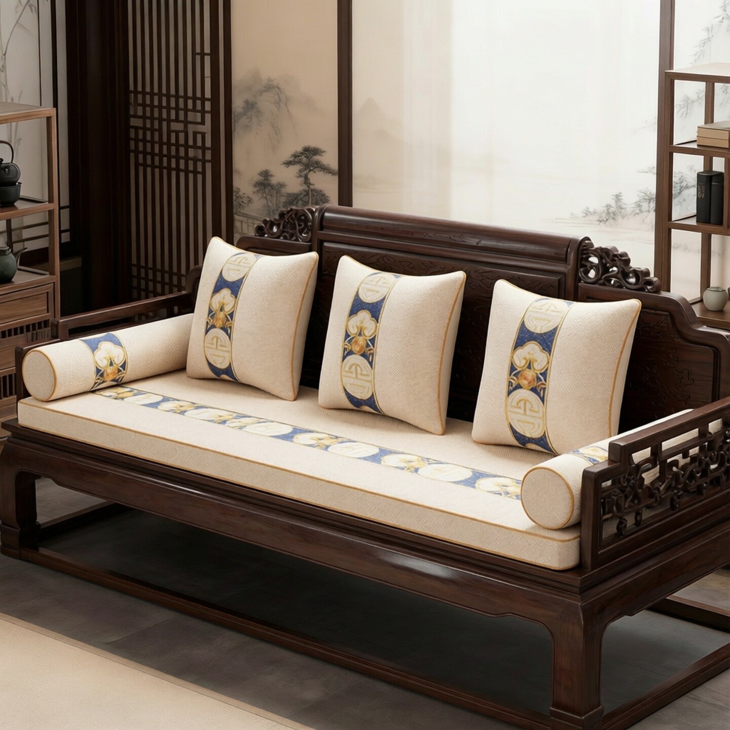 新中式防滑棉麻罗汉床垫子五件套海绵乳胶沙发坐垫天然椰棕飘窗垫