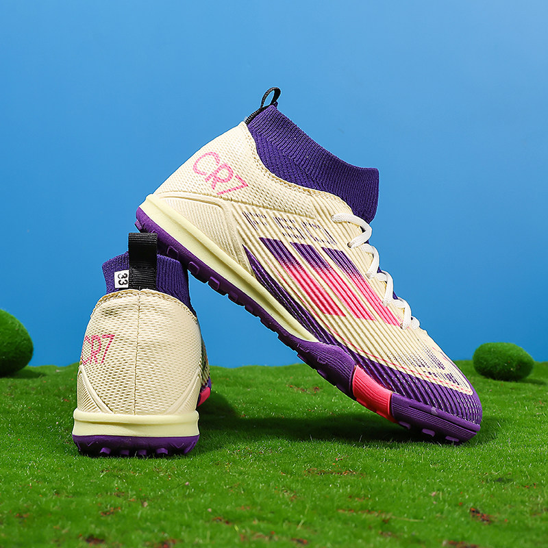 C罗刺客足球鞋儿童款碎钉tf女儿童男学生校园高帮足球比赛训练鞋