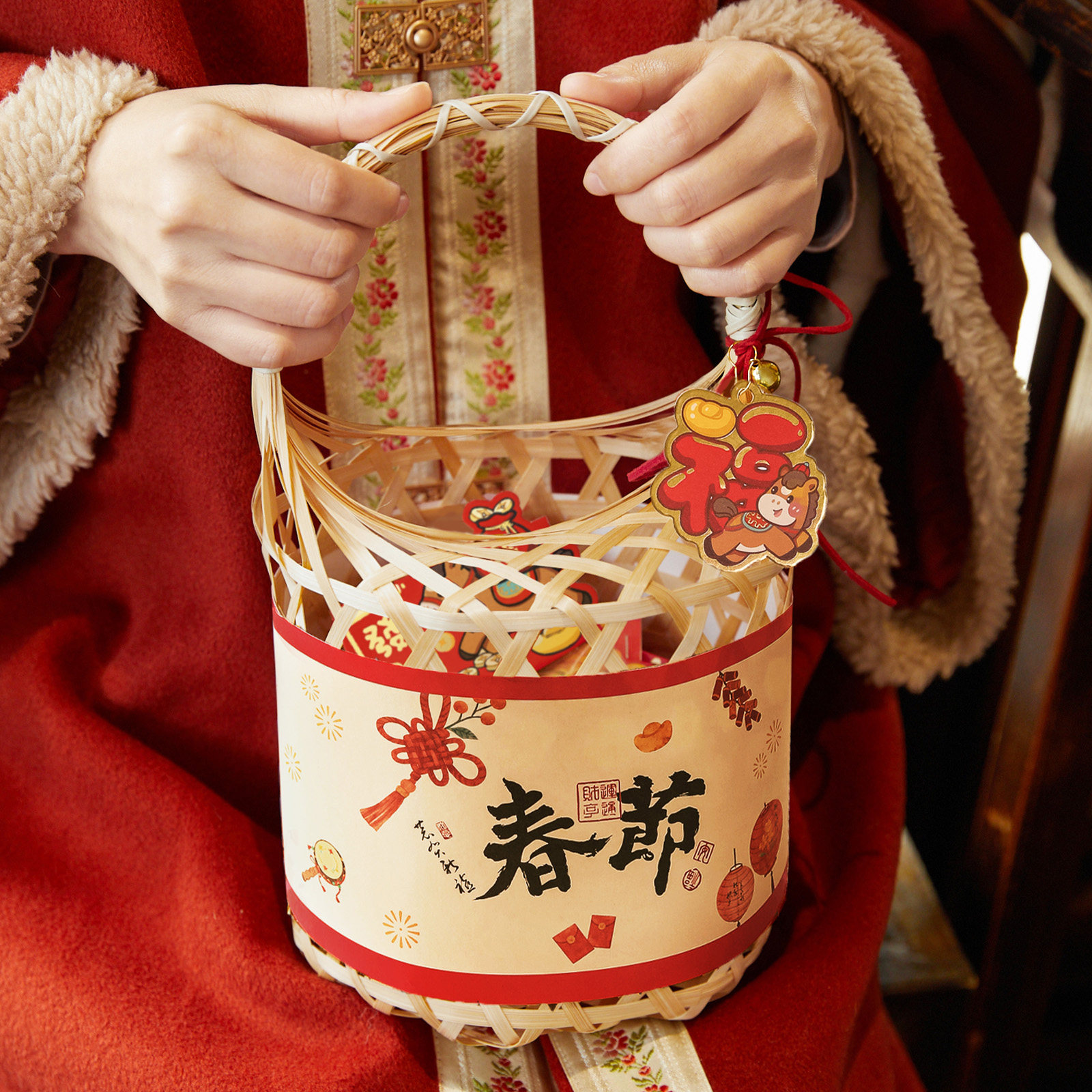 2026马年新年竹篮礼盒包装盒饼干糖果糕点年货春节礼品盒定制空盒