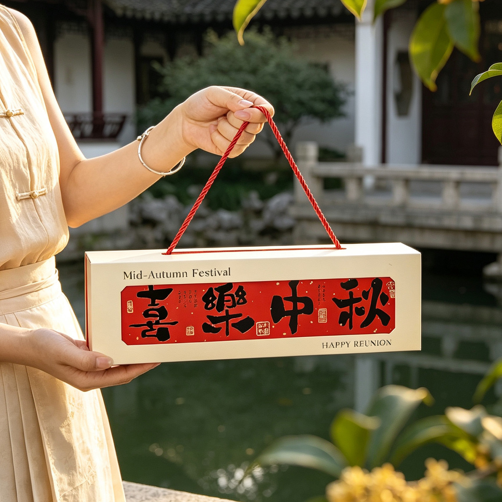 中秋中式红4粒手提月饼礼盒定制图片