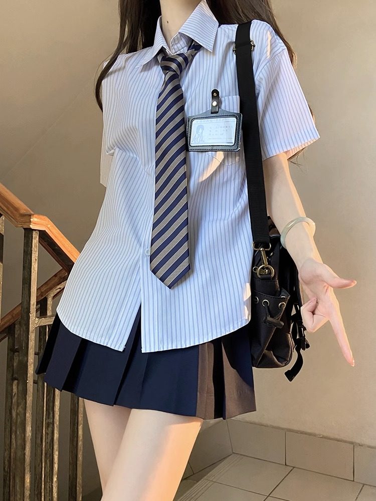 JK制服套装韩系学院风美式性感辣妹条纹衬衫百褶连衣裙子纯欲女夏