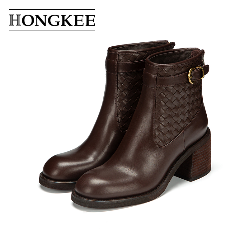 Hongkee/红科短靴女2025新款牛皮粗高跟后拉链时装女靴子H075S412