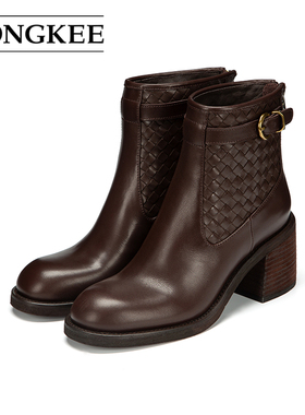 Hongkee/红科短靴女2025新款牛皮粗高跟后拉链时装女靴子H075S412
