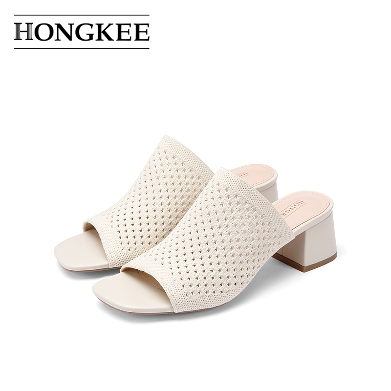 Hongkee/红科2024新款夏季外穿针织粗跟凉鞋优雅高跟女鞋H764D200