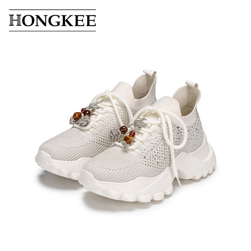 Hongkee/红科休闲鞋女款2026夏季针织透气舒适厚底老爹鞋HD96D204图片