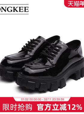 Hongkee/红科厚底单鞋深口漆面黑色舒适两穿女鞋小皮鞋女H055Z101